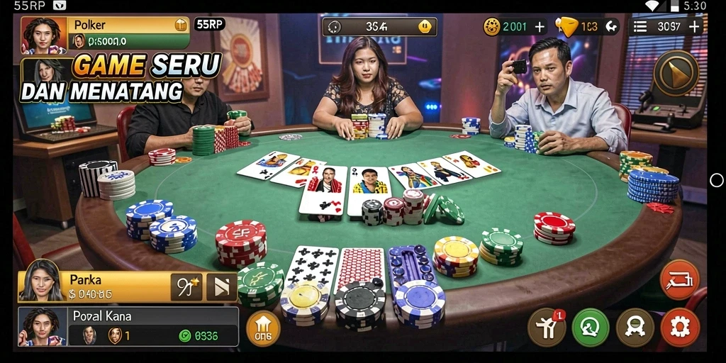 Tampilan gameplay Poker yang seru dan interaktif di 55RP.