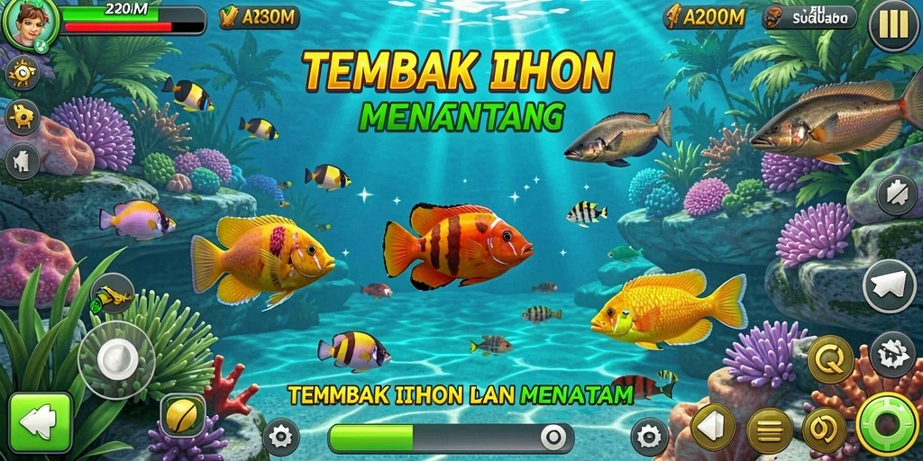 Screenshot gameplay A200M yang menampilkan aksi menembak ikan.