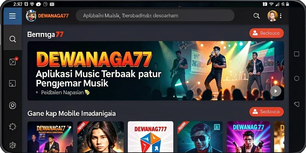 Tampilan antarmuka DEWANAGA77 dengan berbagai pilihan lagu dan fitur musik.