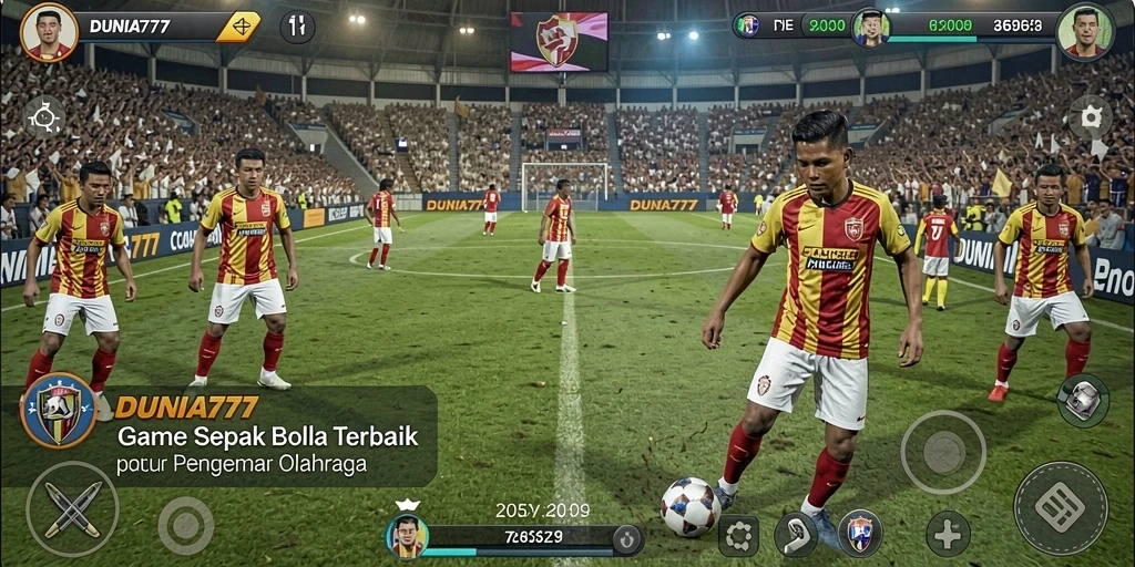 Screenshot utama DUNIA777 menampilkan aksi gameplay sepak bola yang seru.