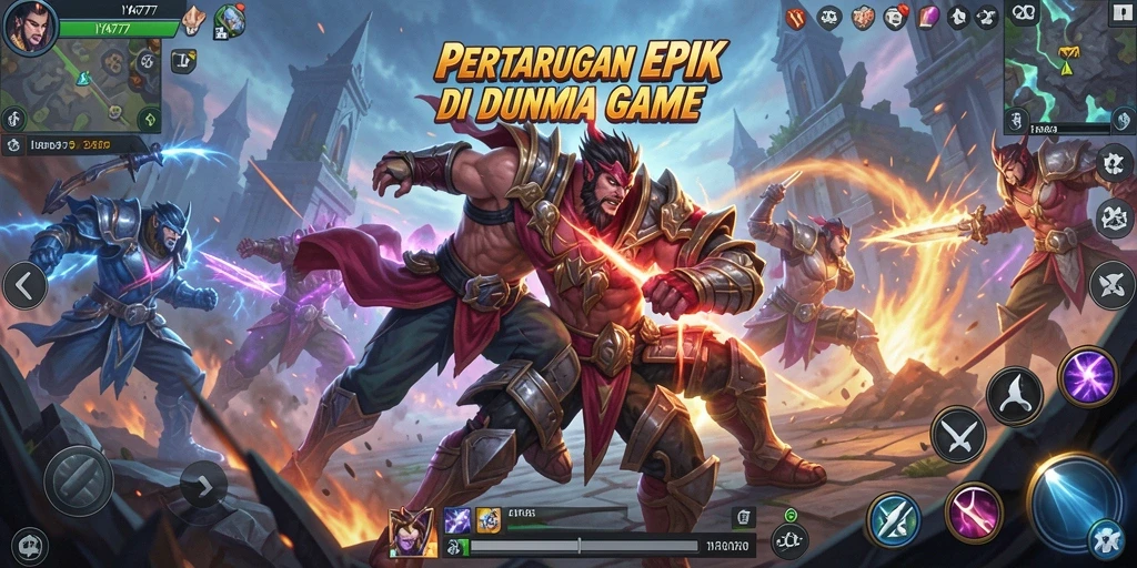Tangkapan layar utama IYA777 menampilkan pertarungan seru dengan karakter unik.
