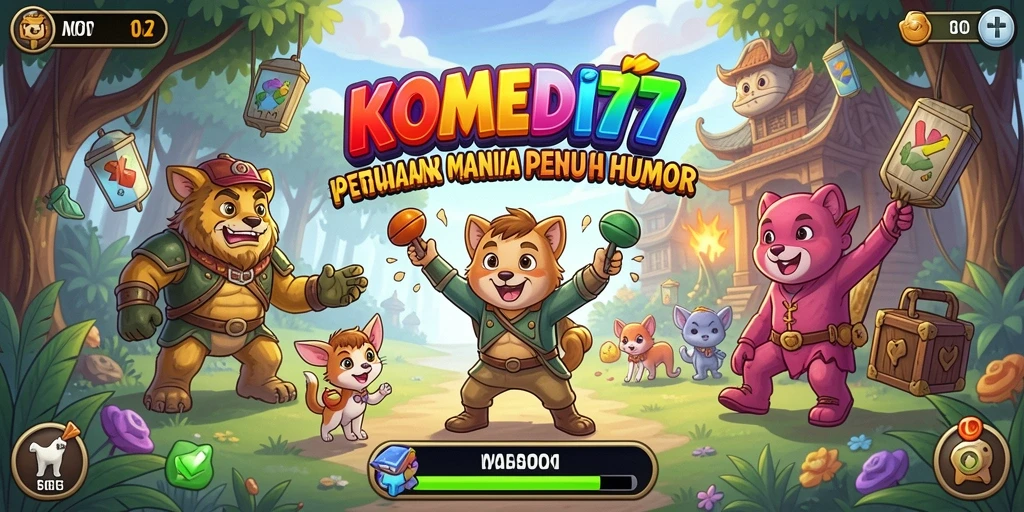 Screenshot KOMEDI77 menampilkan karakter lucu dalam misi petualangan.