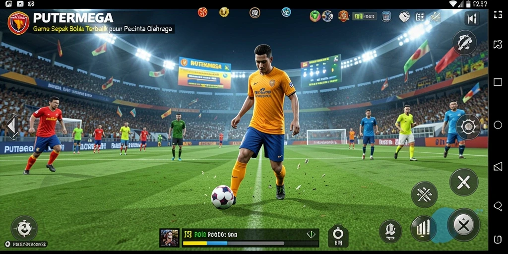 Tampilan gameplay PUTERMEGA dengan aksi sepak bola yang mendebarkan.