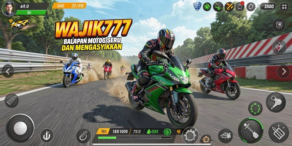 Tampilan seru gameplay WAJIK777 dengan balapan motor yang mendebarkan.